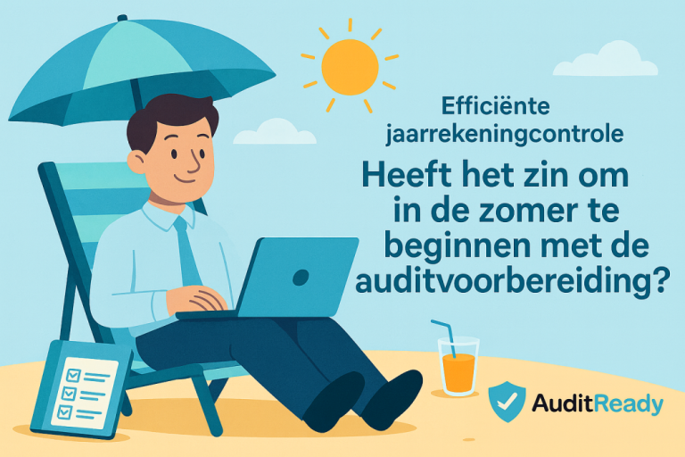 Illustratie van een man in pak die op het strand onder een parasol met een laptop werkt aan auditvoorbereidingen. Naast hem staat een checklist en een glas sinaasappelsap. Rechts staat de tekst: "Efficiënte jaarrekeningcontrole – Heeft het zin om in de zomer te beginnen met de auditvoorbereiding?" Onderaan is het AuditReady-logo zichtbaar.