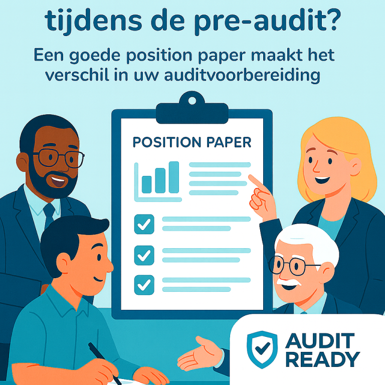 Afbeelding met verschillende karakters waarin een tekst staat over het belang van een position paper en het Audit Ready logo