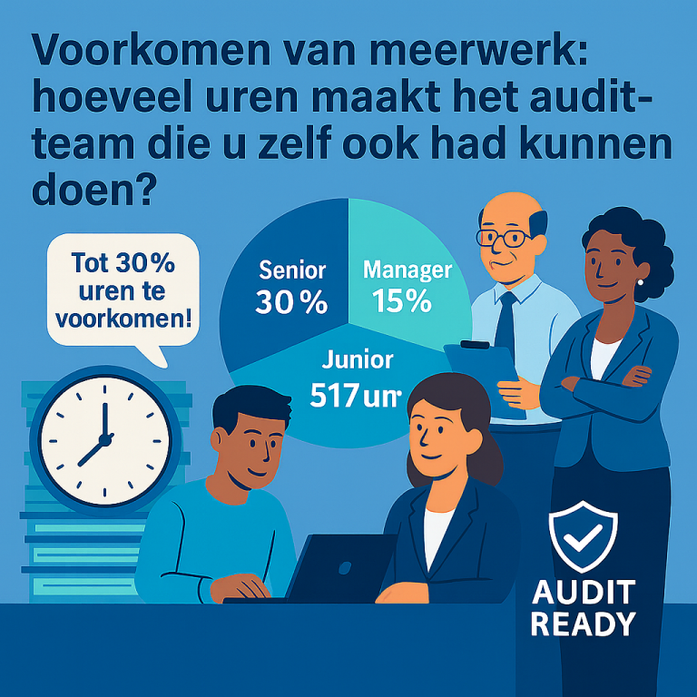 Afbeelding met tekst over meerwerk en heo dit door organisatis voorkomen kan worden en rechts onderin staat het Audit Ready logo