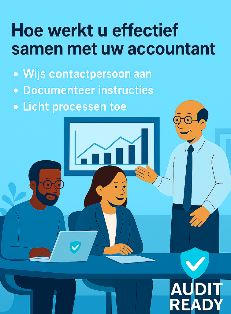 Illustratie van drie professionals in een moderne kantooromgeving die samenwerken met een accountant aan een auditbespreking. Ze zitten rond een vergadertafel met laptops en documenten, in een rustige blauwe kleurstijl met zachte accenten. Rechtsonder staat het officiële AuditReady-logo.