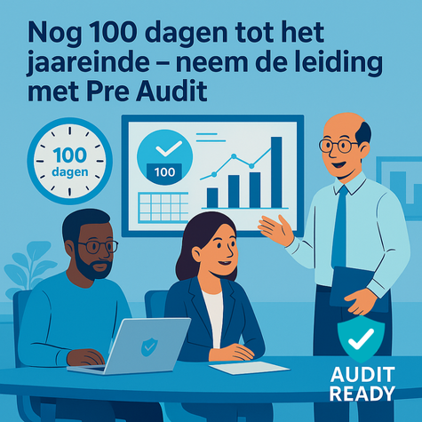 Illustratie in kantoorstijl waarin drie professionals samenwerken aan de voorbereiding van de jaarrekeningcontrole. Op de achtergrond hangt een grafiek met stijgende lijnen en de tekst “100 dagen”. Een klok toont hetzelfde getal. Rechts staat een man in pak die uitleg geeft, terwijl zijn twee collega’s met een laptop en documenten meeluisteren. Onderaan staat het officiële AuditReady-logo. De afbeelding benadrukt het thema: Nog 100 dagen tot het jaareinde – neem de leiding met Pre Audit