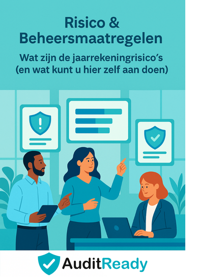 **Alt-tekst:** Illustratie in AuditReady-stijl van drie financiële professionals die in een moderne kantooromgeving samenwerken aan een risicomatrix op een groot scherm. De afbeelding toont het thema *“Risico & Beheersmaatregelen”* in een rustige blauwgroene kleurstelling (#2aa2cb, #4a92ce, #00adbf, #26b693). Rechtsonder staat het officiële AuditReady-logo met het blauwe schild en de witte checkmark, wat professionaliteit en controle symboliseert.