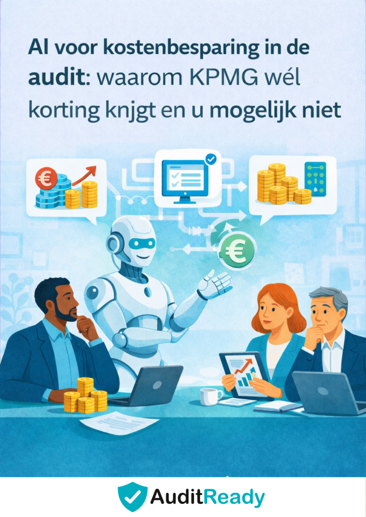 Illustratie in moderne flat stijl van drie finance professionals in overleg met een AI-robot over kostenbesparing in de audit. Op de achtergrond staan iconen van data-analyse, controles en eurotekens. Bovenaan staat de titel “AI voor kostenbesparing in de audit: waarom KPMG wél korting krijgt en u mogelijk niet” en rechtsonder staat het Audit Ready-logo.