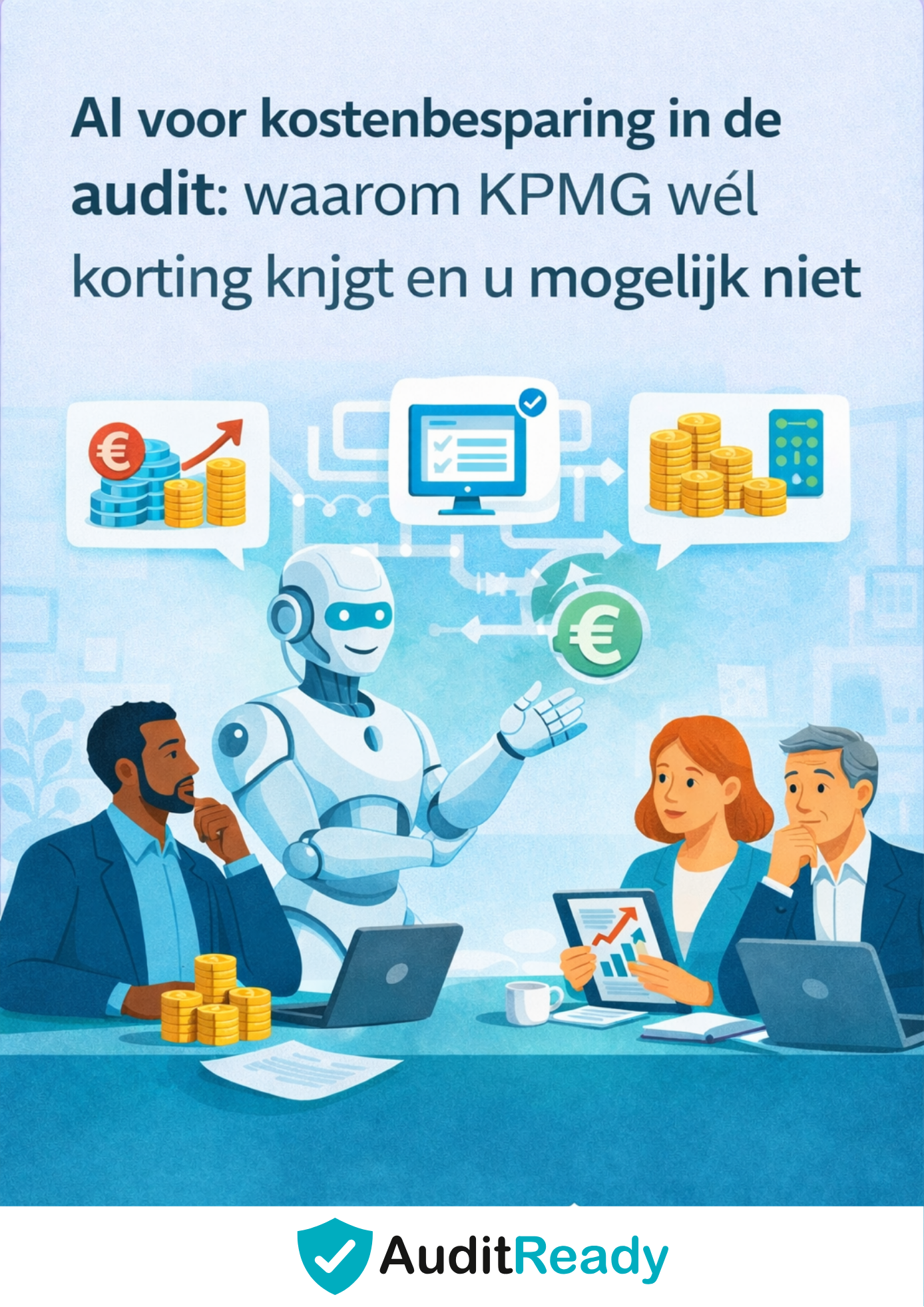 Illustratie in moderne flat stijl van drie finance professionals in overleg met een AI-robot over kostenbesparing in de audit. Op de achtergrond staan iconen van data-analyse, controles en eurotekens. Bovenaan staat de titel “AI voor kostenbesparing in de audit: waarom KPMG wél korting krijgt en u mogelijk niet” en rechtsonder staat het Audit Ready-logo.