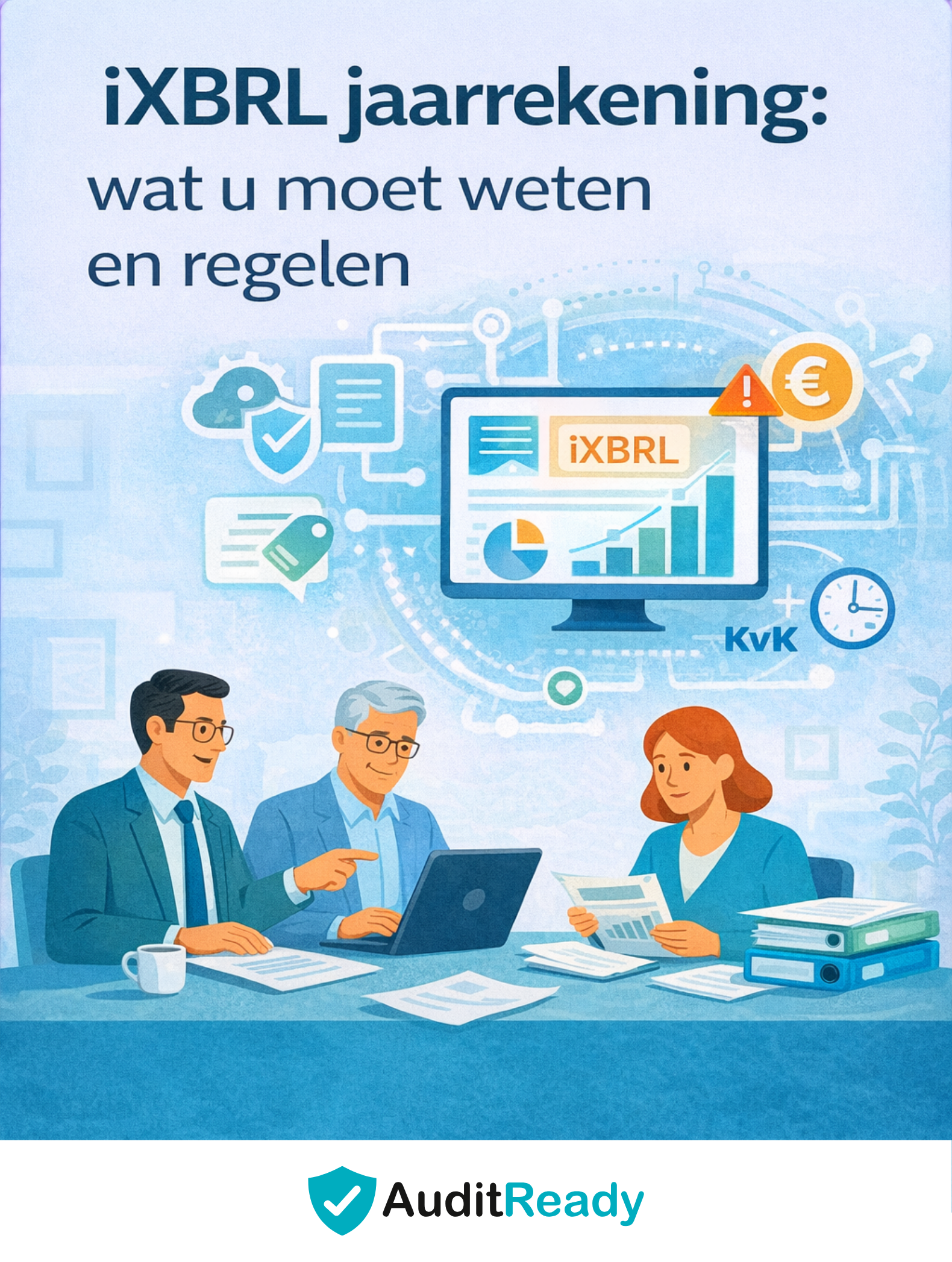 Illustratie in moderne flat stijl van drie finance professionals die samenwerken aan een digitale jaarrekening in iXBRL-formaat. Op een scherm staan grafieken en het label “iXBRL”, omringd door iconen voor data, validatie en euro’s. Bovenaan staat de titel “iXBRL jaarrekening: wat u moet weten en regelen” en onderaan het Audit Ready-logo.