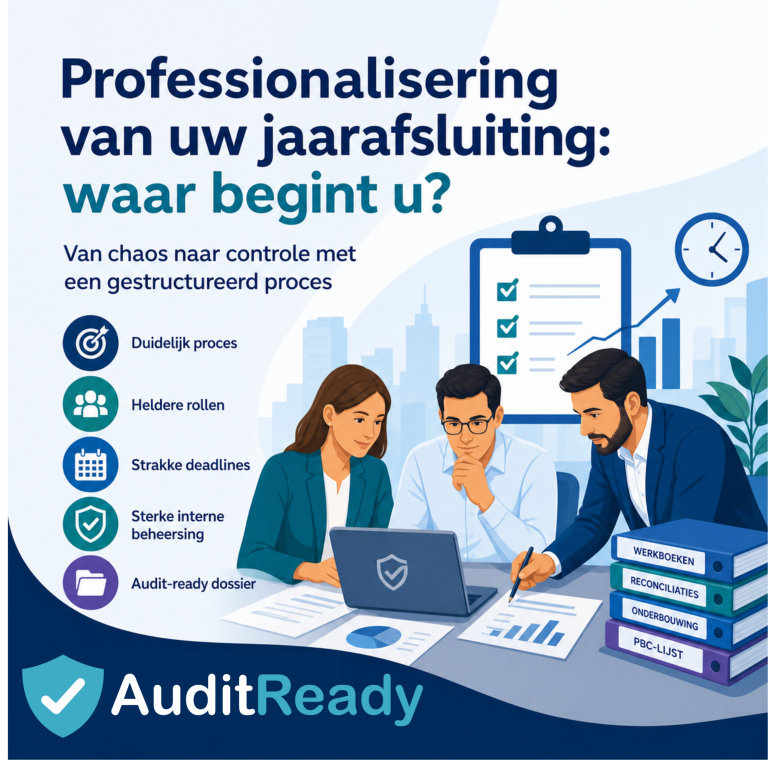 Illustratie in professionele flat design stijl van drie finance professionals die samenwerken aan een gestructureerde jaarafsluiting in een moderne kantooromgeving. Op de achtergrond staan een checklist en grafiek die het proces visualiseren. Links worden kernpunten weergegeven zoals duidelijk proces, heldere rollen en sterke interne beheersing. Rechtsonder staat het Audit Ready-logo, wat staat voor een gestructureerde en auditklare aanpak.