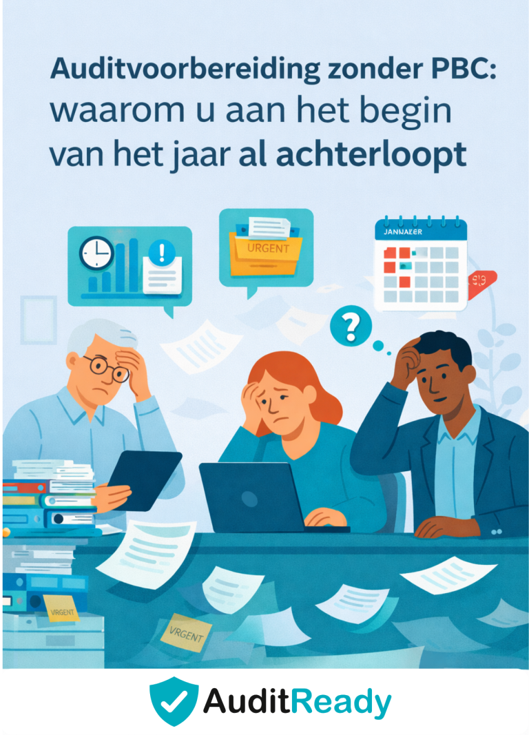 Illustratie in brede liggende blogheader van een kantooromgeving waarin drie finance-medewerkers zichtbaar gestrest werken aan auditvoorbereiding zonder PBC-lijst. Op de achtergrond zweven documenten, een kalender en urgente meldingen, wat tijdsdruk en achterstand symboliseert. Rechtsonder staat het Audit Ready-logo als oplossing en houvast voor gestructureerde auditvoorbereiding. met centraal de stress door gebrek aan PBC lijst
