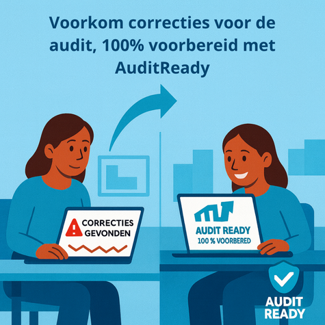 Afbeeling met 2 beelden iemand die geen AuditReady inschakelt en iemand die dat wel doet en dus geen correcties hoeft te doen in zijn of haar Audit process